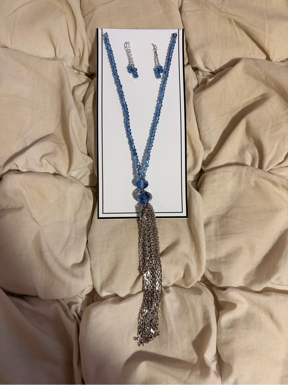 Free People Blue Beaded Tassel Necklace and Earring Set